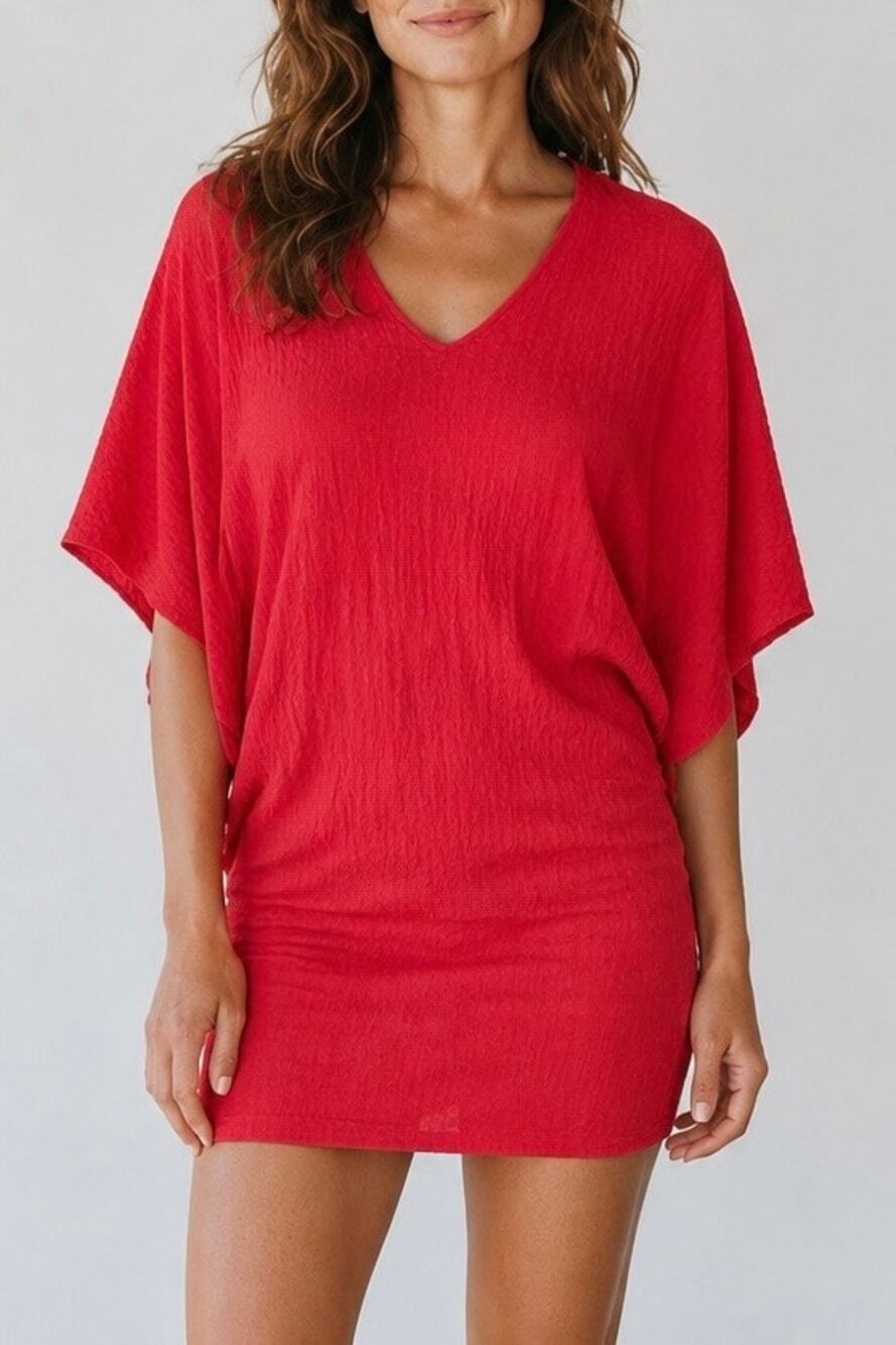 GINGER Sz M Mini Dress Batwing Dolman Sleeve Embroidered Crepe Orange Red